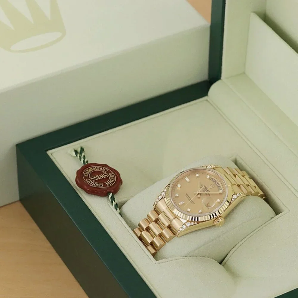 PAPER ROLEX MENS DAY-DATE FACTORY DIAMOND 18K YELLOW GOLD PRESIDENT WATCH